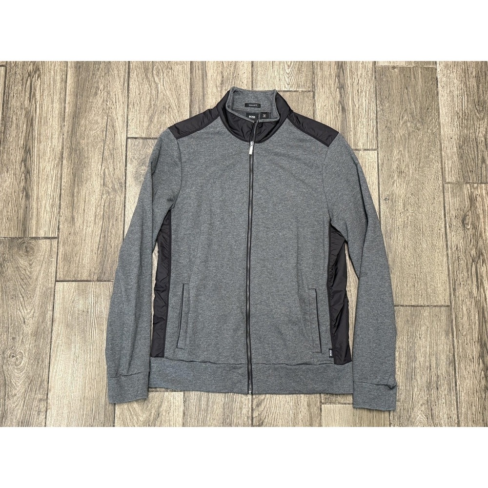 Hugo Boss Track Jacket Mens Medium Gray Full Zip Colorblock Knit Regular Fit